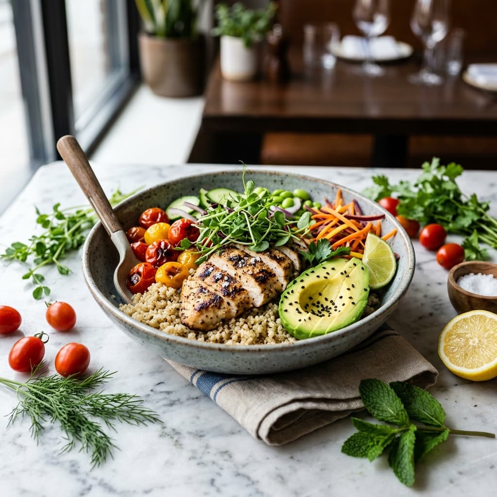 Guilt Free Bowls - Premium healthy meal bowl with grilled chicken, quinoa, fresh vegetables and avocado